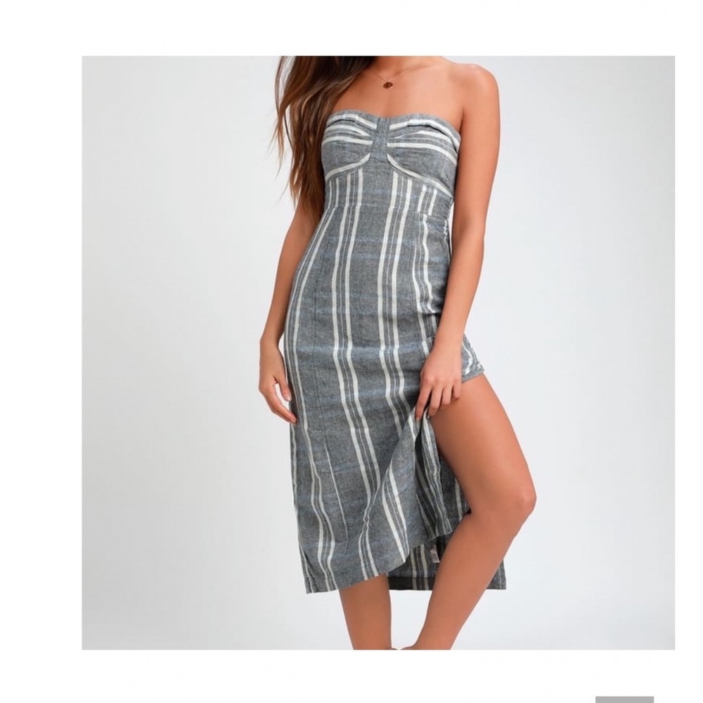 Freepeople Dress‎ Strapless Striped Midi Dress Grey Tie Back Side Slit XS/T